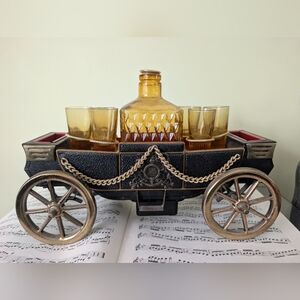 Vintage Amber Glass Decanter Set with Black and Gold Carriage